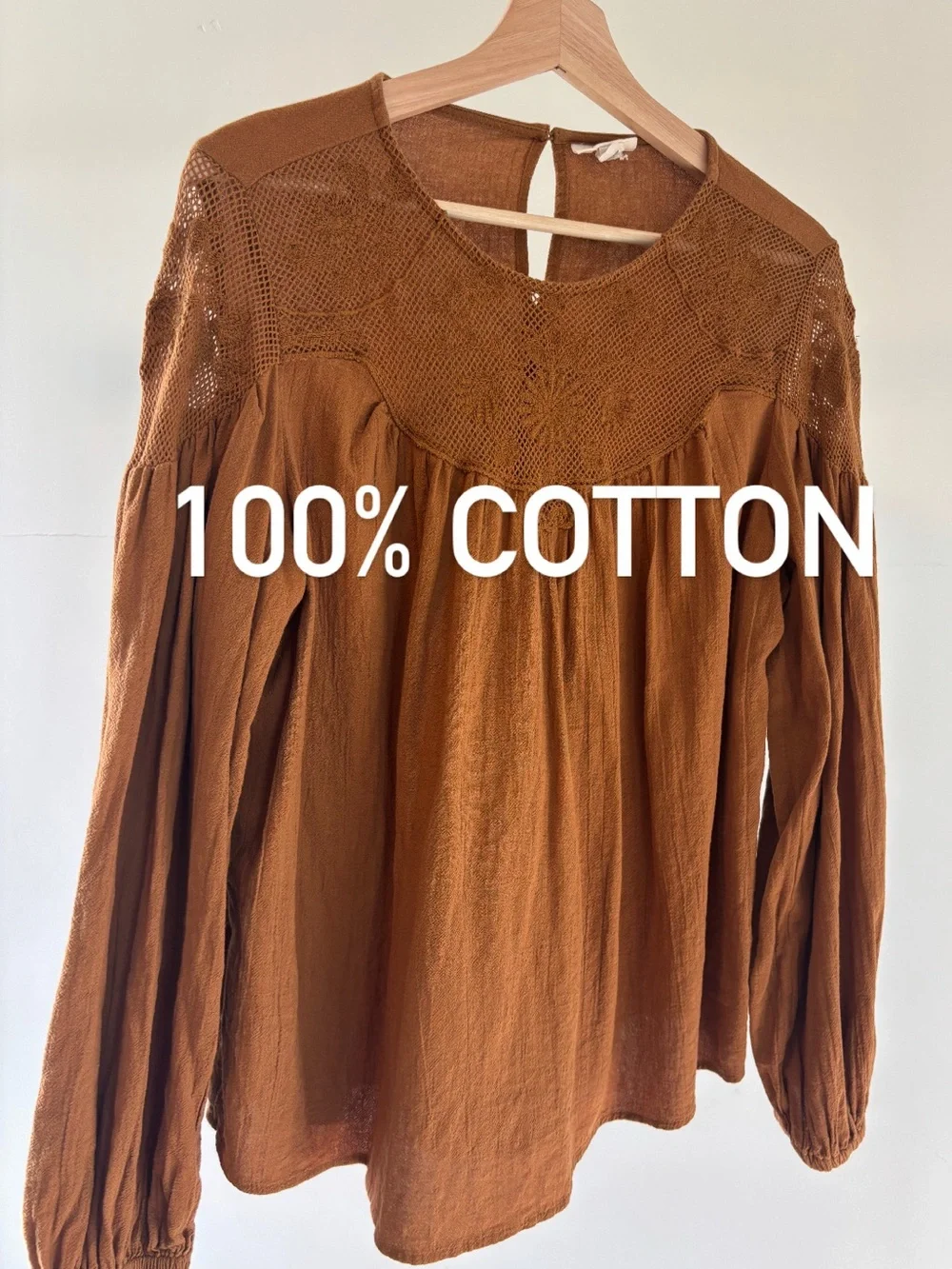 100% Cotton Embroidered Blouse | Rust Orange | Long Sleeve Boho Top